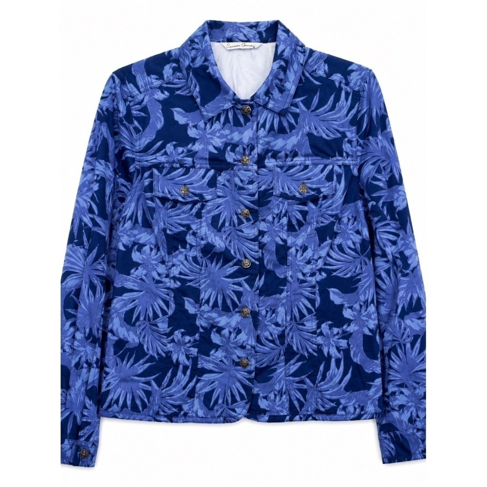 French Laundry Blue Tropical Vacation Floral Jacket Medium Stretch Button Front